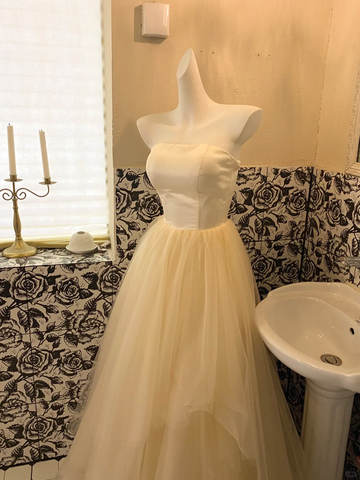 Simple Light Champagne A Line Strapless Satin Tulle Party Dress Prom Dress HZ1023